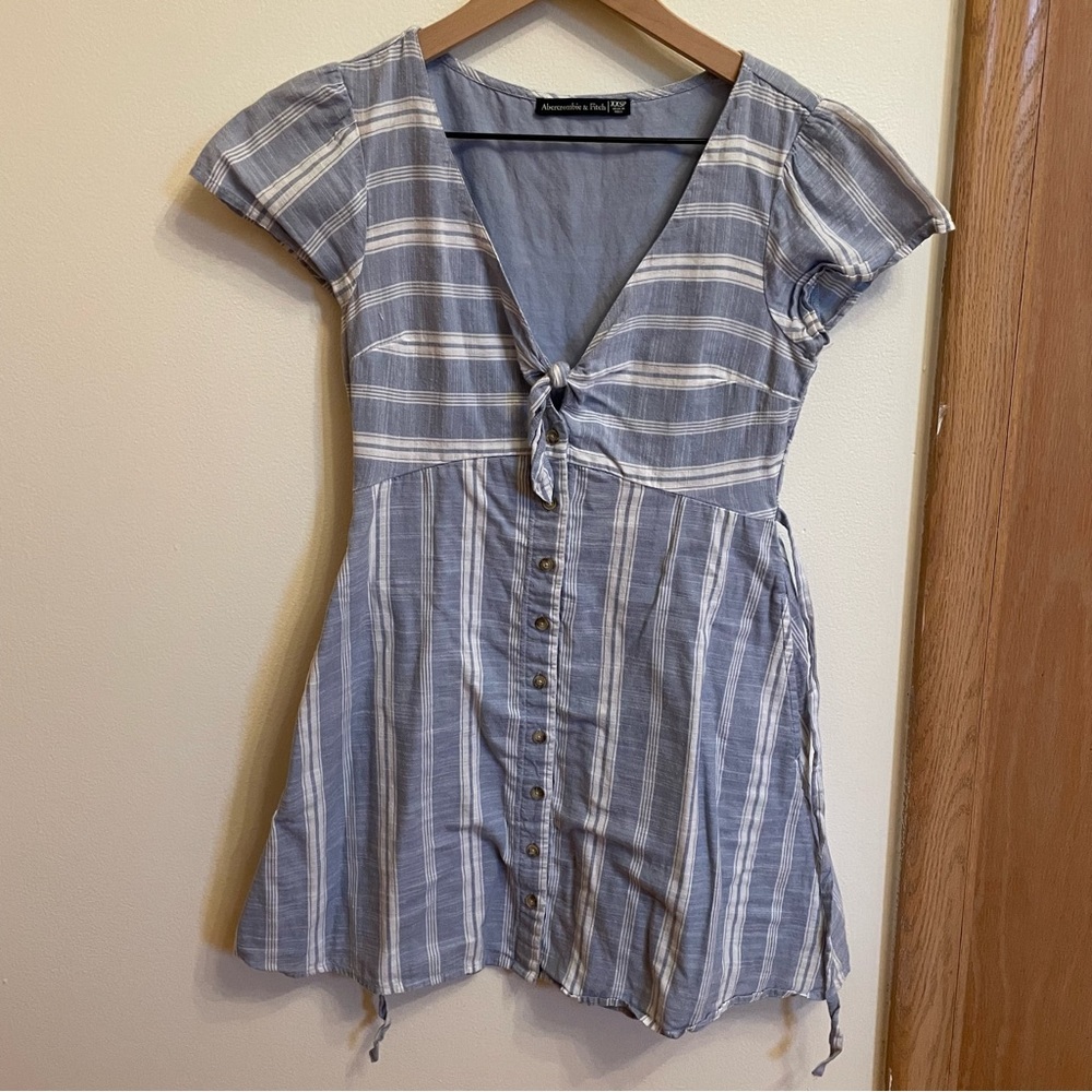Abercrombie & Fitch White & Blue Striped Dress with Buttons and Tie in Front